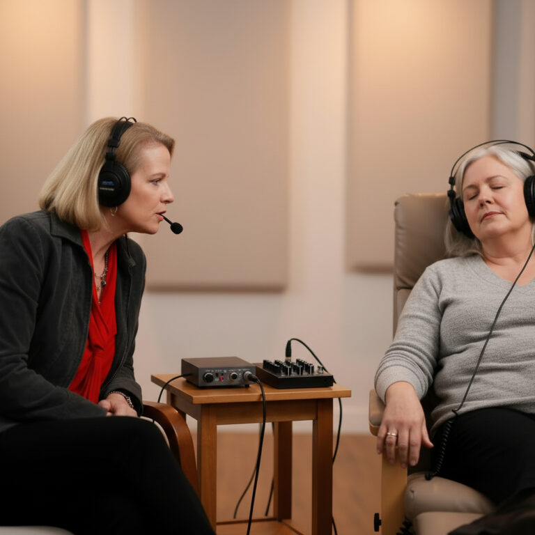 me with hypnosis client and recording equipment--looking at client