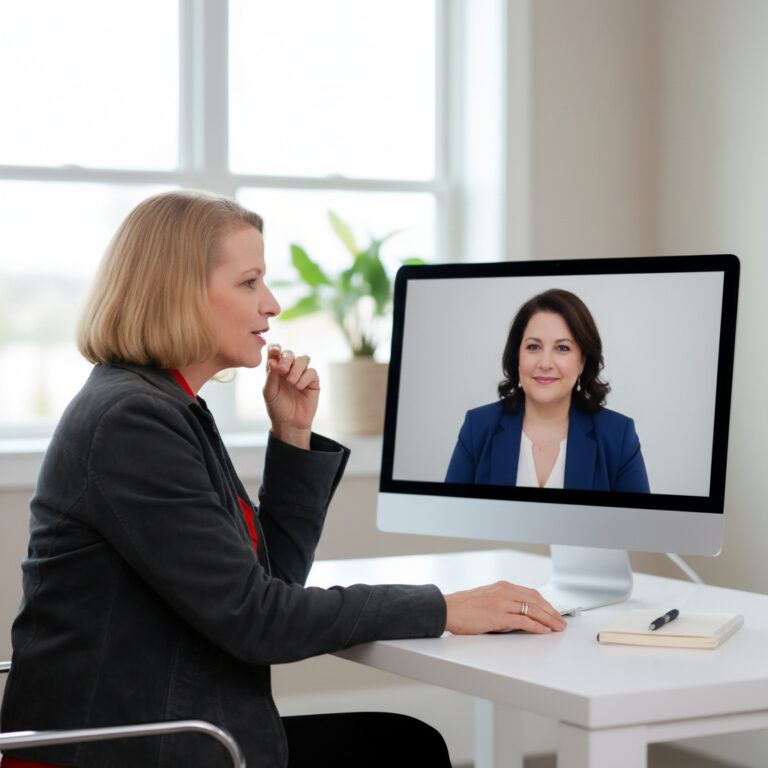 me with woman client on screen looking at eachother