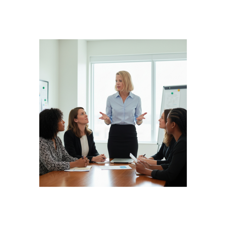 woman standing speaking to other women sitting at table